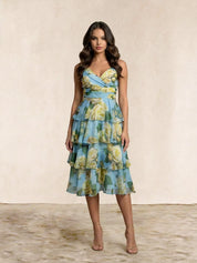Sleeveless Floral Print Midi Dress in Blue