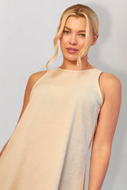 Stone Linen High Neck Sleeveless Smock Mini Dress