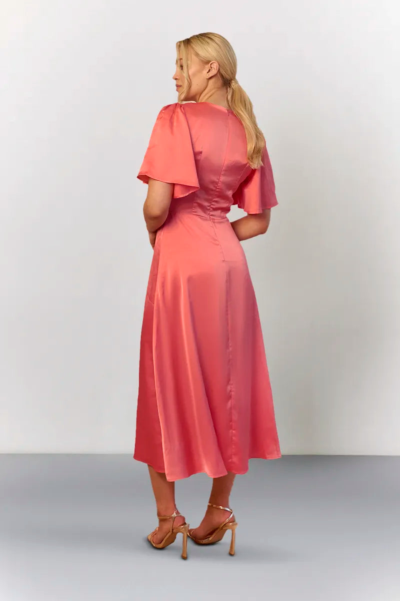 In The Style Coral Satin Flutter Sleeve Midaxi Slip Dress