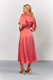 In The Style Coral Satin Flutter Sleeve Midaxi Slip Dress