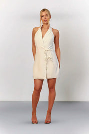 In The Style White Tailored Halterneck Mini Dress with Bow Detail