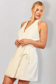 In The Style White Tailored Halterneck Mini Dress with Bow Detail
