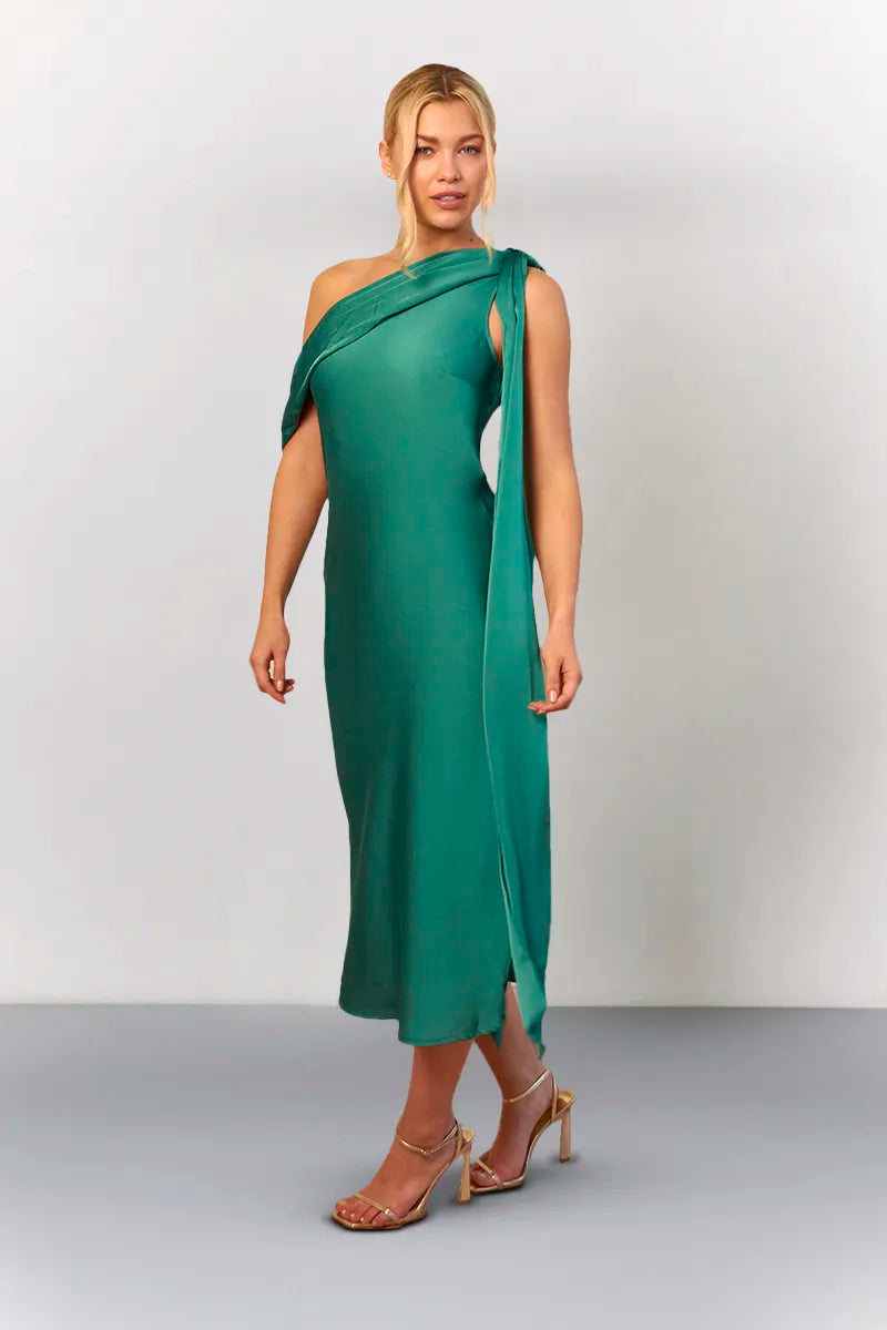 In The Style Green Satin Asymmetric Neckline Midi Dress