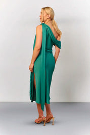 In The Style Green Satin Asymmetric Neckline Midi Dress
