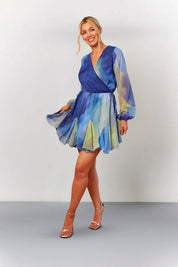 In The Style Blue Abstract Print Chiffon Wrap Godet Frill Mini Dress