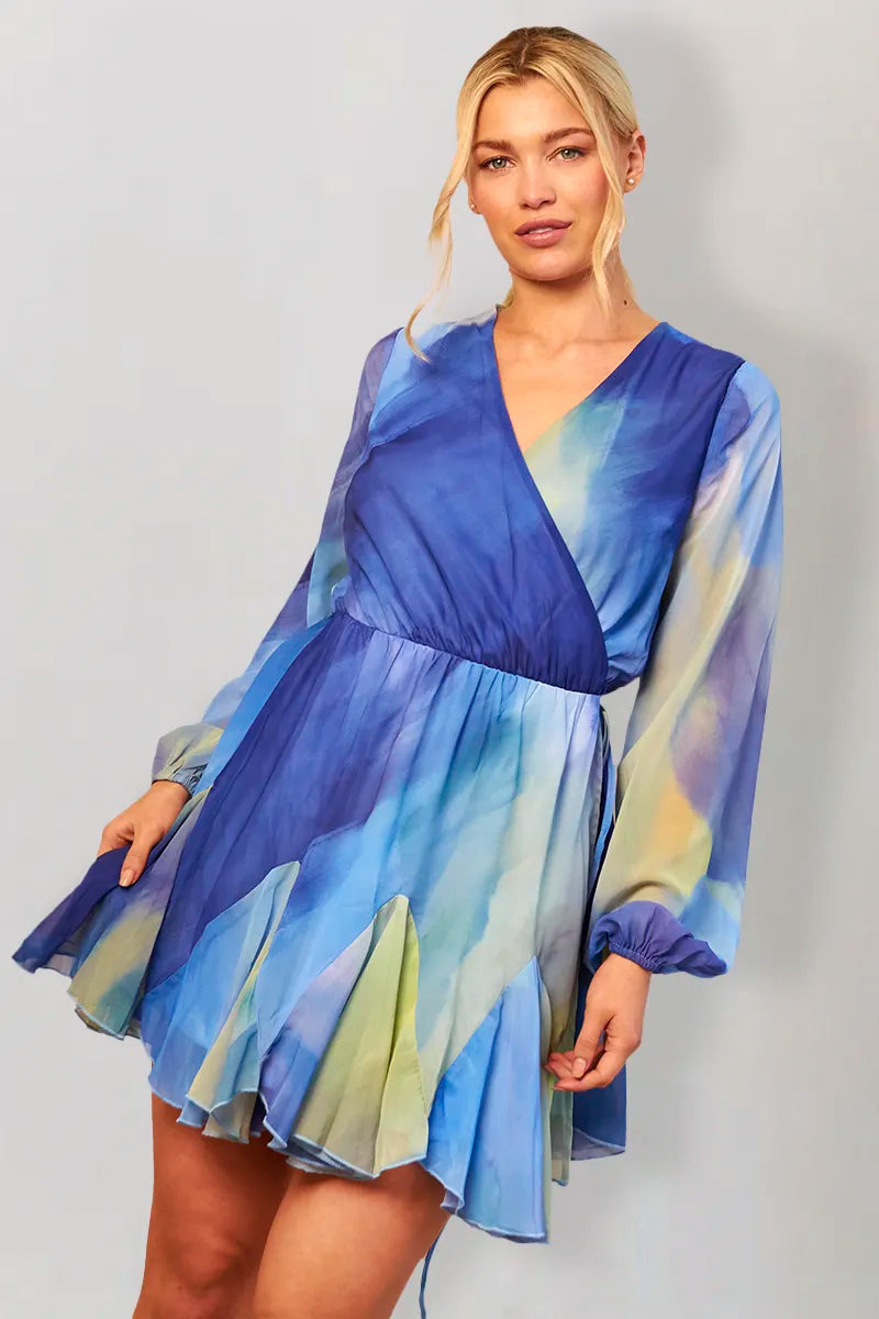 In The Style Blue Abstract Print Chiffon Wrap Godet Frill Mini Dress