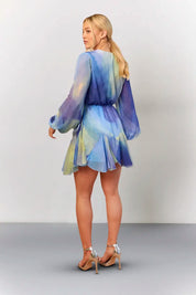 In The Style Blue Abstract Print Chiffon Wrap Godet Frill Mini Dress