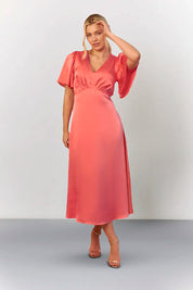 In The Style Coral Satin Flutter Sleeve Midaxi Slip Dress