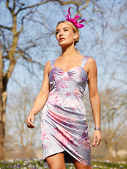 Floral Printed Sweetheart Neck Midi Dress in Purple