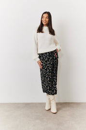 Black Floral Wrap Midi Skirt