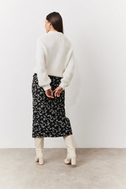 Black Floral Wrap Midi Skirt