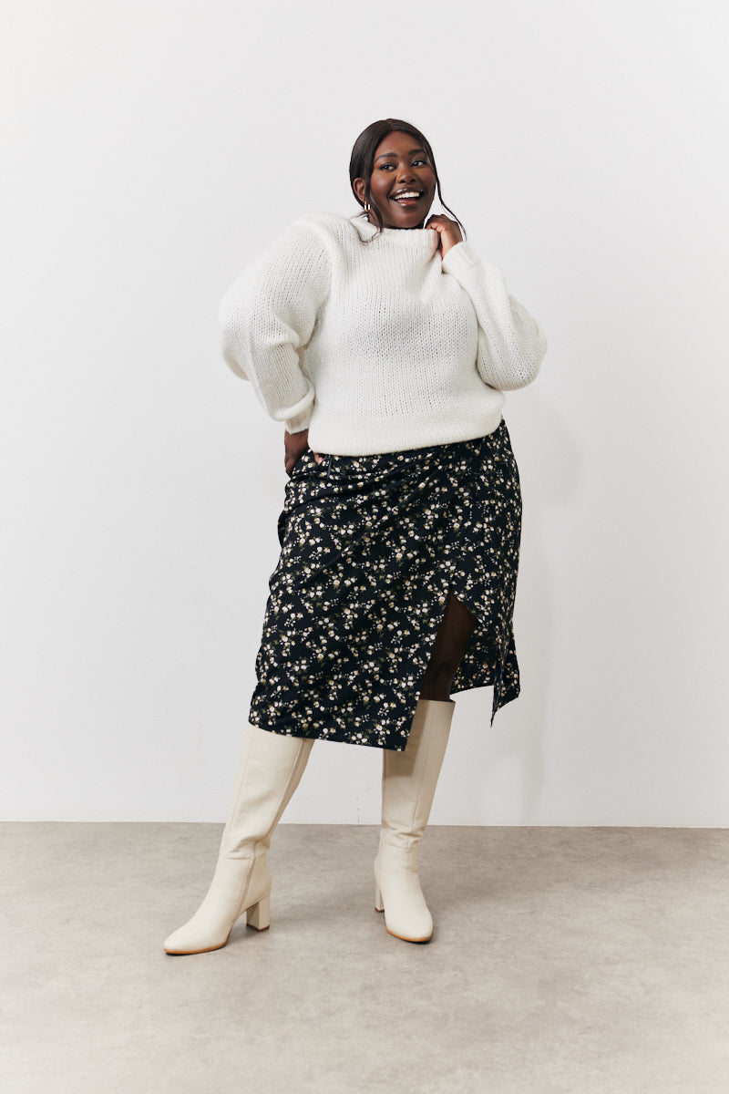 Black Floral Wrap Midi Skirt