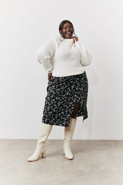 Black Floral Wrap Midi Skirt