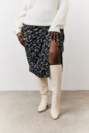 Black Floral Wrap Midi Skirt