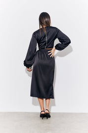 Black Satin Wrap Midi Skirt