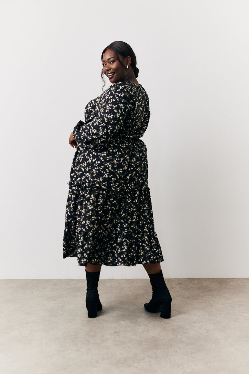 Black Ditsy Floral Printed Wrap Midi Dress