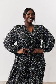 Black Ditsy Floral Printed Wrap Midi Dress