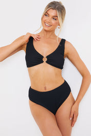 Textured Scoop Neck Ring Detail Bikini Top