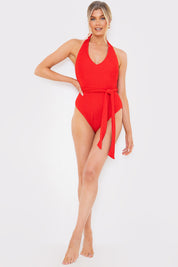 Control Textured Halter Neck Belted Swimsuit