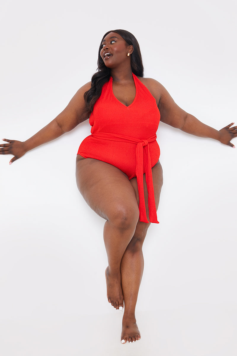 Control Textured Halter Neck Belted Swimsuit