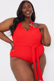 Control Textured Halter Neck Belted Swimsuit