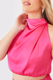 Satin Draped High Neck Co Ord Top