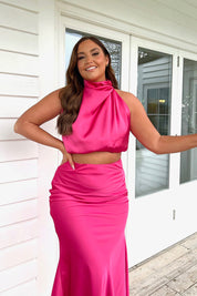 Satin Draped High Neck Co Ord Top
