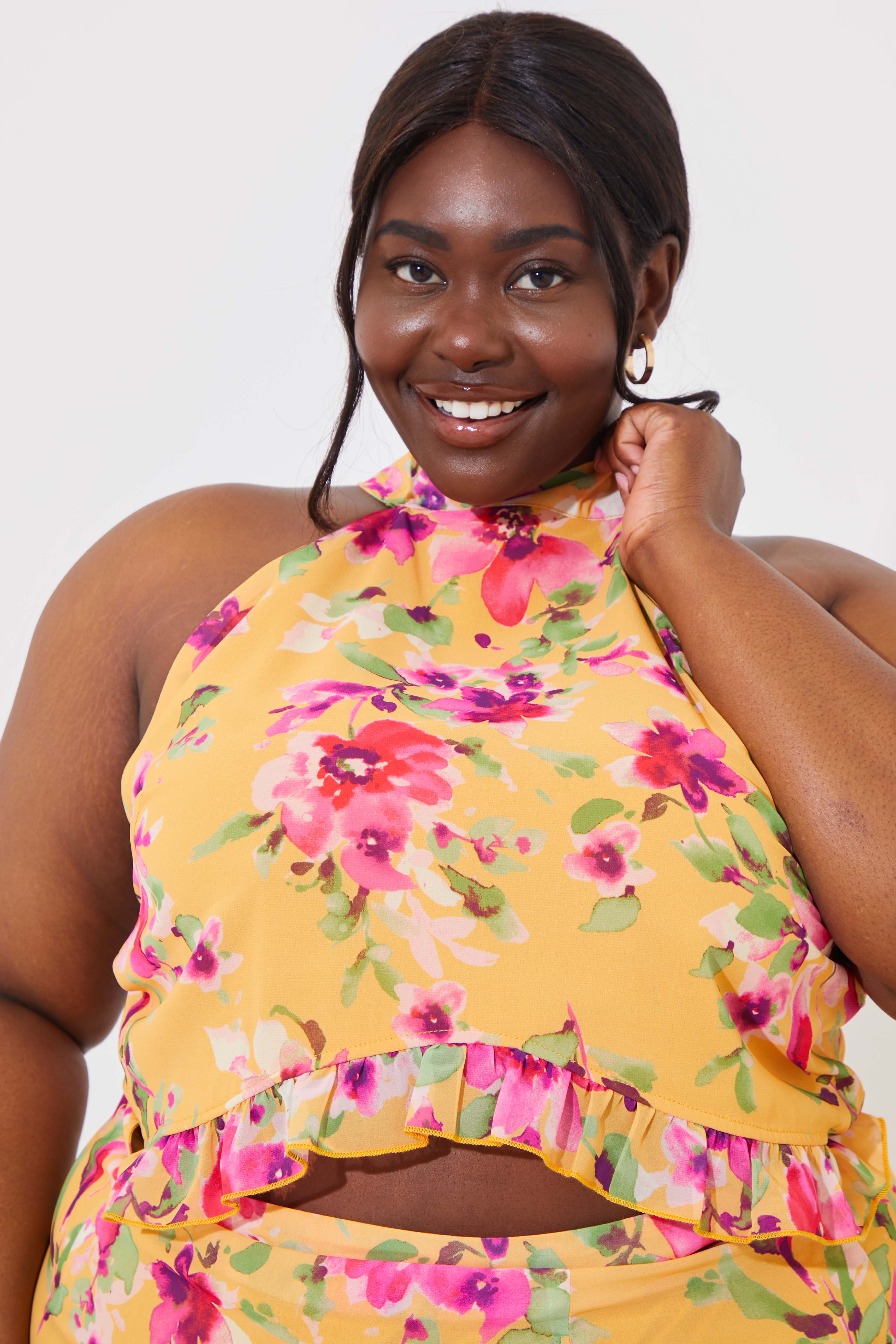 Floral Chiffon Halter Co-Ord Crop Top