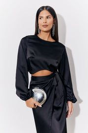 Black Curved Hem Satin Top