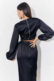 Black Curved Hem Satin Top