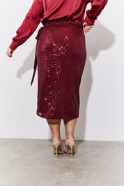 Burgundy Sequin Wrap Midi Skirt
