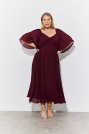 Burgundy Chiffon Angel Sleeve Midaxi Dress