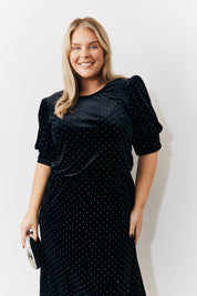 Black Puff Sleeve Studded Velour Midi Dress