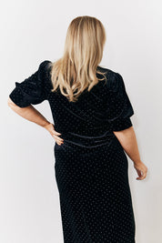 Black Puff Sleeve Studded Velour Midi Dress