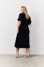 Black Puff Sleeve Studded Velour Midi Dress