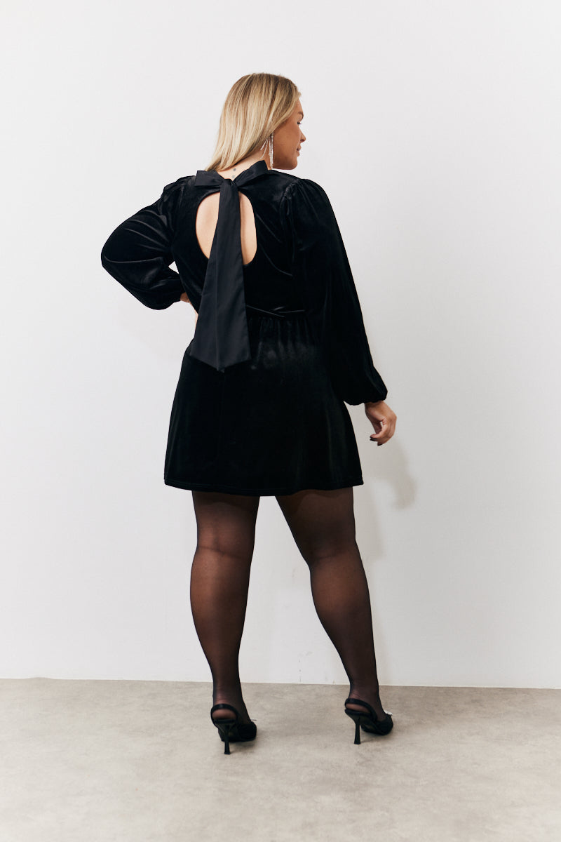 Black Bow Back Velour Mini Dress Black / Standard / 22
