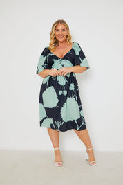 Printed Flutter Sleeve Ruched Bust Midi Dress