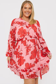 Floral Printed Chiffon Frill Detail Balloon Sleeve Mini Dress