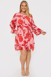 Floral Printed Chiffon Frill Detail Balloon Sleeve Mini Dress