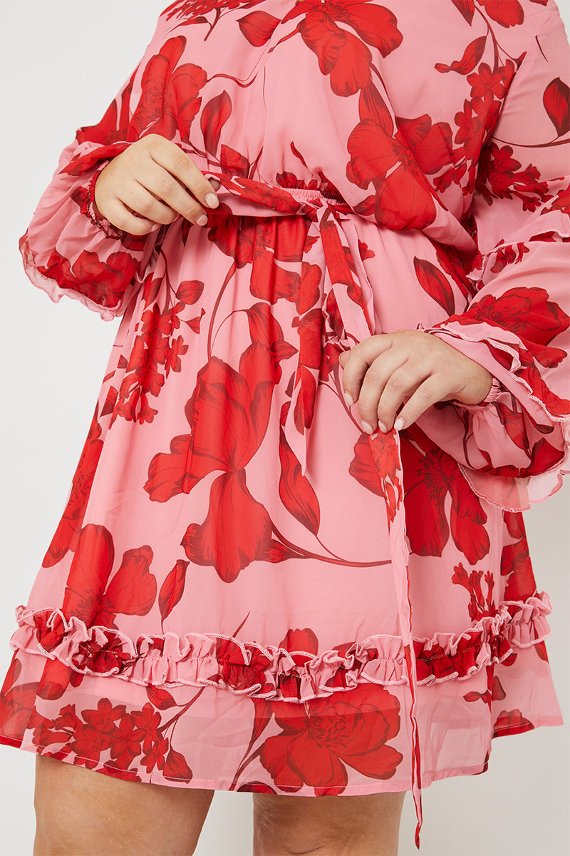 Floral Printed Chiffon Frill Detail Balloon Sleeve Mini Dress