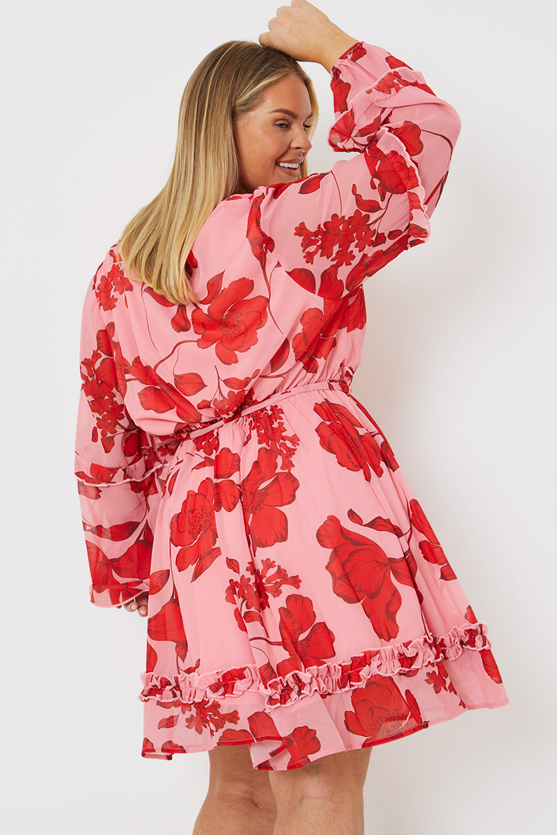 Floral Printed Chiffon Frill Detail Balloon Sleeve Mini Dress