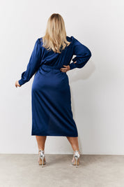 Navy Satin Wrap Midi Dress