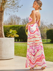 Cami Crossover Strap Swirl Print Maxi Dress in Pink