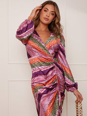 Long Sleeve Abstract Print Wrap Dress in Purple