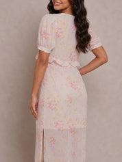 Short Sleeve Floral Printed Midi Dress in Pink