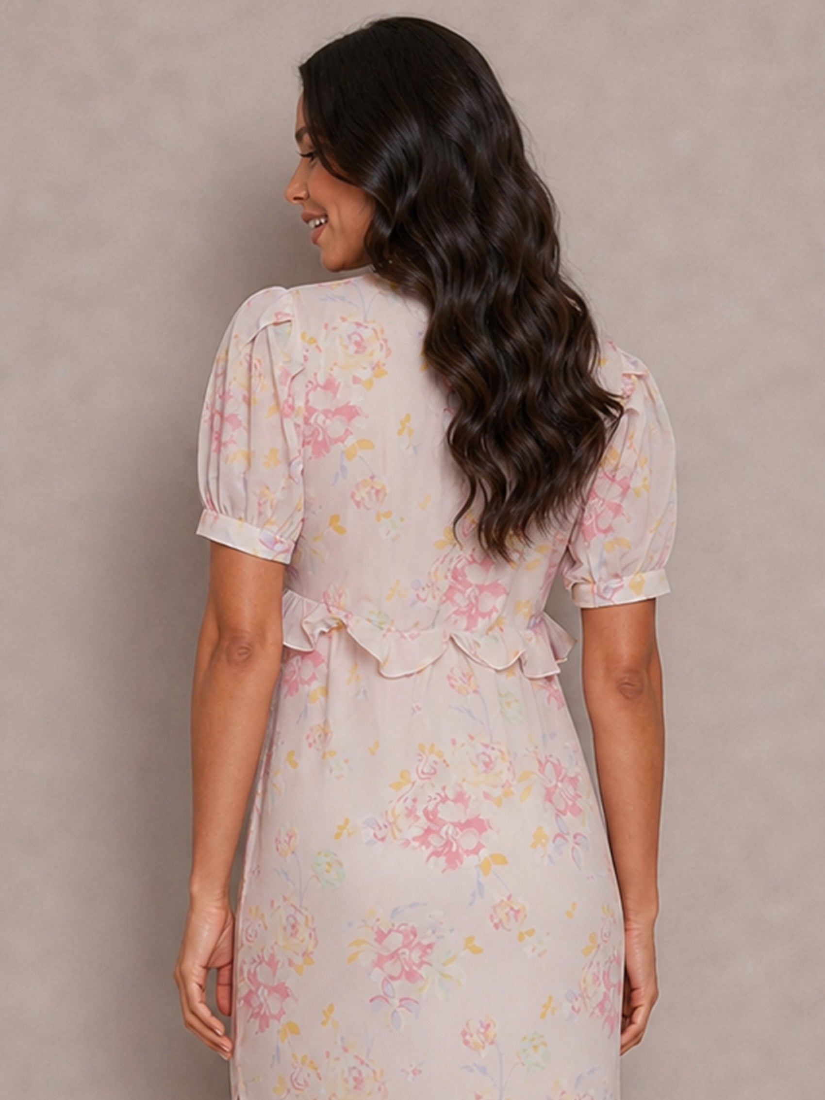 Short Sleeve Floral Printed Midi Dress in Pink