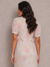 Short Sleeve Floral Printed Midi Dress in Pink