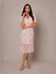 Short Sleeve Floral Printed Midi Dress in Pink