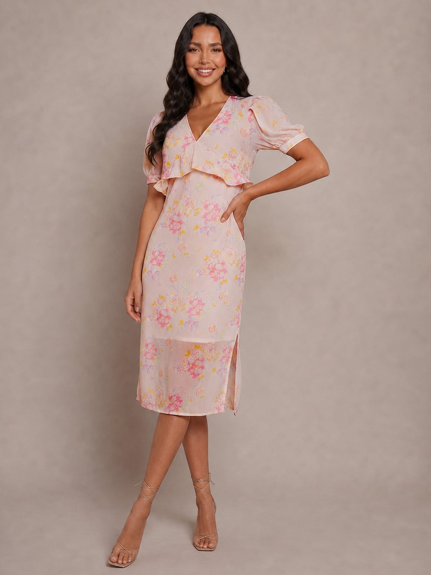 Short Sleeve Floral Printed Midi Dress in Pink