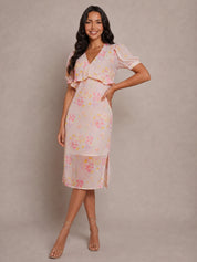 Short Sleeve Floral Printed Midi Dress in Pink
